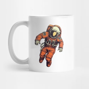 astronaut in orange space suit flying through the air Mug